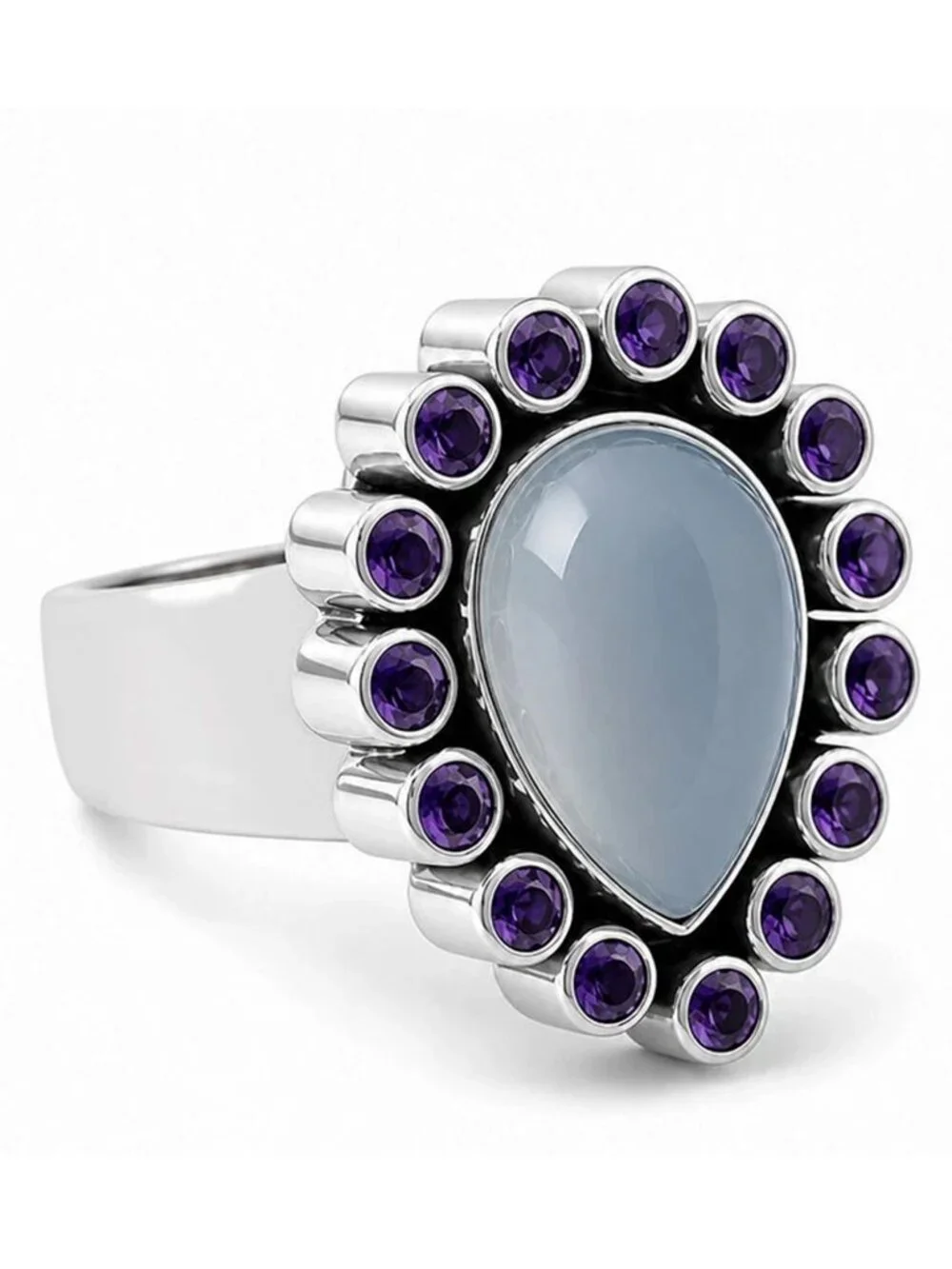 Genuine 3.85 Cts Moonstone & Amethyst Ring Solid .925 Sterling Silver